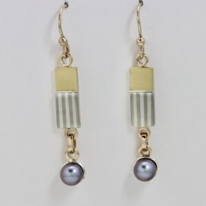 Mixed metals dangle earrings. Sterling silver, 14k, 22k gold and a gray pearl