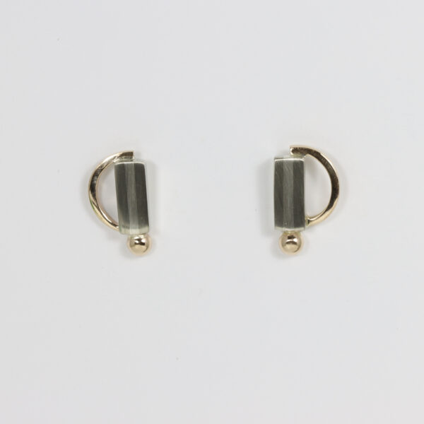 Post earrings with a striped vertical pattern. A ball and a semicircle in 14k gold add detail.