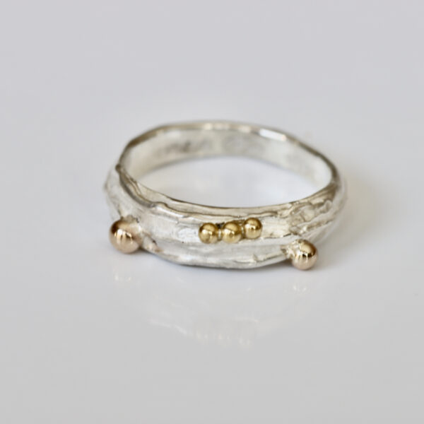 Sterling silver textured ring with 14k goldballs
