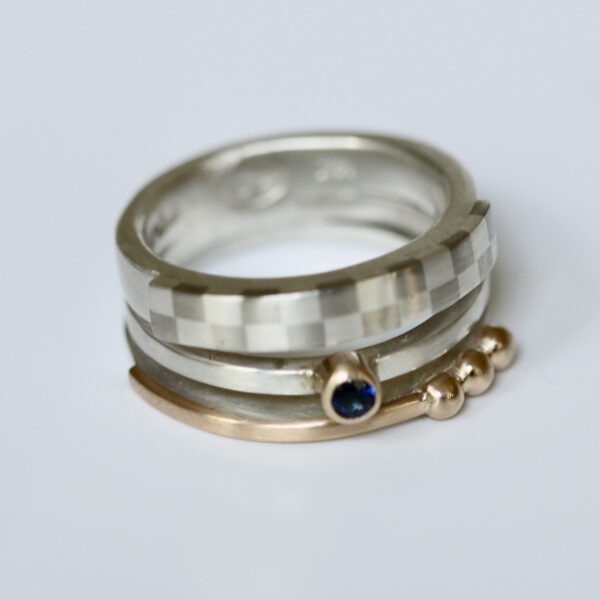Checkerboard Stacked Ring with Sapphire Gemstone.