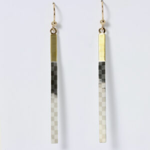 Long straight dangling earrings with a checkerboard pattern and 22k gold