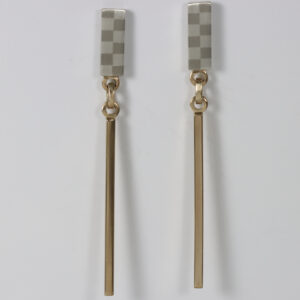 Earrings with a checkerboard pattern post and a dangling 14k bar.