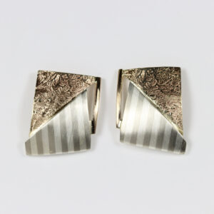 14k textured gold and stripes post earrings. Abstract square shape.