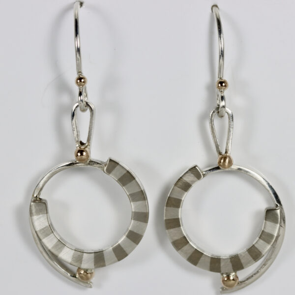 Striped dangling circle earrings with 14k gold balls.