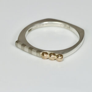 Narrow Square Ring with Stripes and three 14k gold balls.