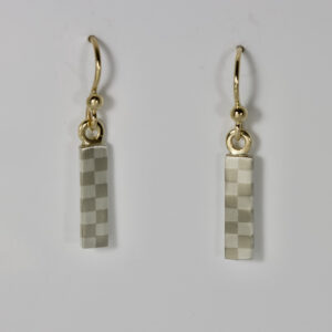 A bar shaped dangle earring with a subtle hand-fabricated checkerboard pattern that contrast lovely with the 14k gold jump ring and ear wire.